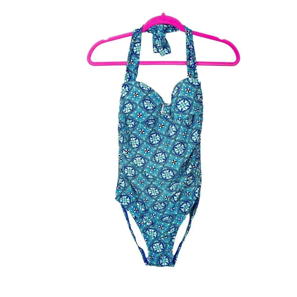 Assets by Spanx Woman's Sz S Blue Geometric Tile Halter Neck One Piece Swim Suit